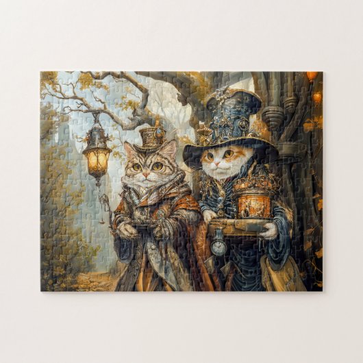 Zwei magische Katzen in einer Steampunkfantasiesze Puzzle (Horizontal)