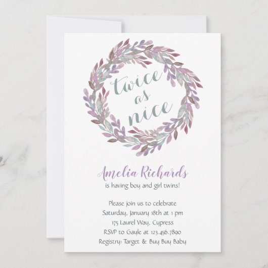 Zwei Mal so gut wie Nice | Twins Boho Wreath Baby Einladung (Vorderseite)