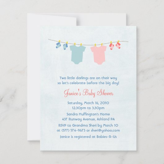 Zwei Mal so nette Baby Dusche Einladungen (Vorderseite)