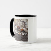 Zwei Männchen wetteifern um eine Mandarinenente Tasse (Vorderseite Links)