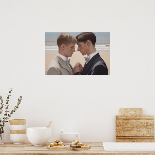 Zwei Männer auf ihrer Hochzeit am Strand Poster (Küche)