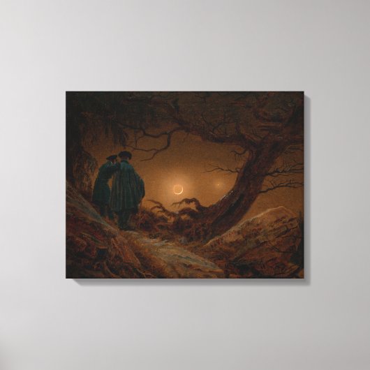 Zwei männliche Freunde, die nachts den Mond besieg Leinwanddruck (Vorderseite)