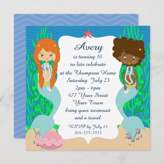 Zwei Mermaids Pool Party Einladung (Vorne/Hinten)