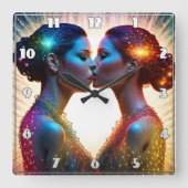 Zwei Modelle, die mit farbenfrohen Glitzern küssen Quadratische Wanduhr (Vorderseite)