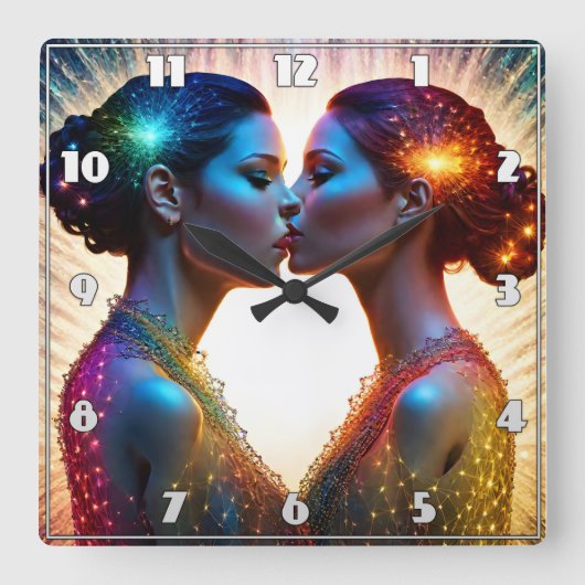 Zwei Modelle, die mit farbenfrohen Glitzern küssen Quadratische Wanduhr (Vorderseite)