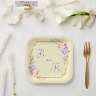 Zwei Monogramm-Blume-Rahmen Lässige Hochzeit Pappteller