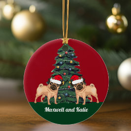 Zwei Mops Weihnachtshunde in Weihnachtsmannmütze N Keramik Ornament