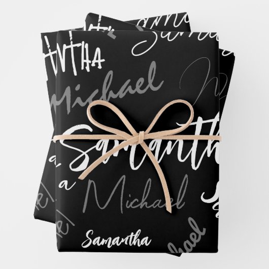 Zwei Namen, zwei Muster monogramm schwarz grau wei Geschenkpapier Set (Beispiel)