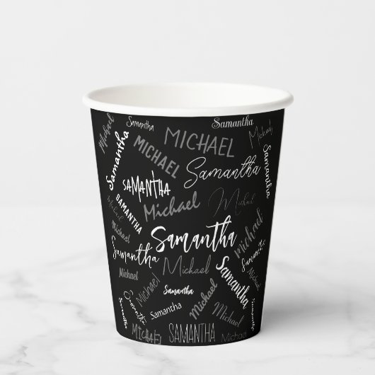 Zwei Namen, zwei Muster monogramm schwarz grau wei Pappbecher (Rückseite)