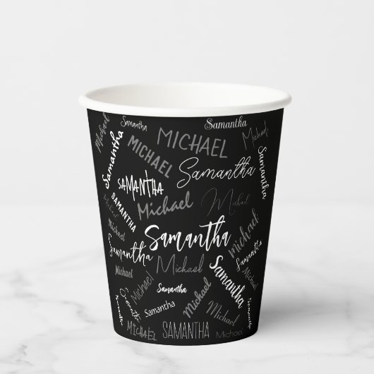 Zwei Namen, zwei Muster monogramm schwarz grau wei Pappbecher (Vorderseite)