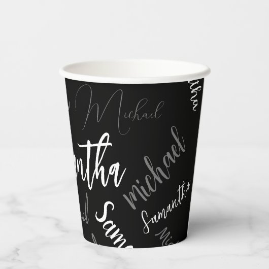 Zwei Namen, zwei Muster monogramm schwarz grau wei Pappbecher (Rückseite)