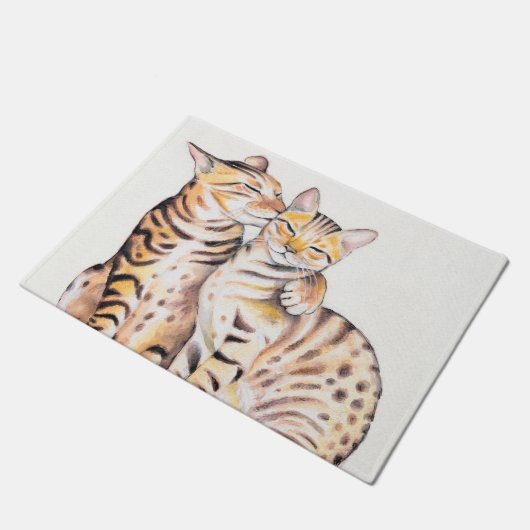 Zwei Niedliche Bengalische Katzen Aquarellkunst Fußmatte (Schrägansicht)