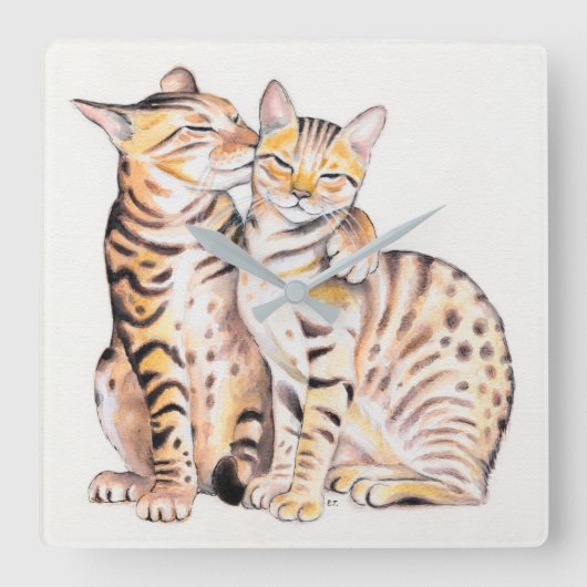 Zwei Niedliche Bengalische Katzen Aquarellkunst Quadratische Wanduhr (Vorderseite)