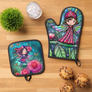 Zwei Niedliche Blume Fairies Art von Molly Harriso Ofenhandschuh & Topflappen-Set