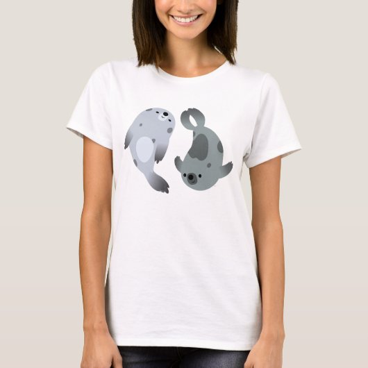 Zwei Niedliche Cartoon Harfe Siegel Frauen T - Shi T-Shirt (Vorderseite)