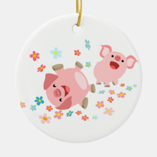 Zwei Niedliche Cartoon Schweine im Frühjahrsgeschm Keramikornament