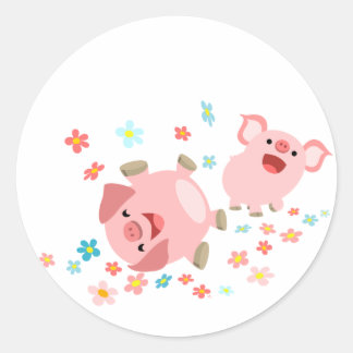 Zwei Niedliche Cartoon Schweine im Frühjahrsticker Runder Aufkleber