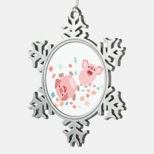 Zwei Niedliche Cartoon Schweine im Frühlingszinnsc Schneeflocken Zinn-Ornament