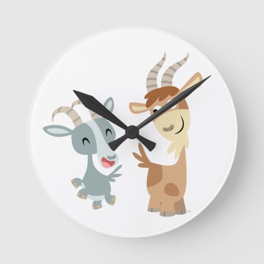 Zwei Niedliche Happy Cartoon Goats Wall Clock Runde Wanduhr (Vorderseite)