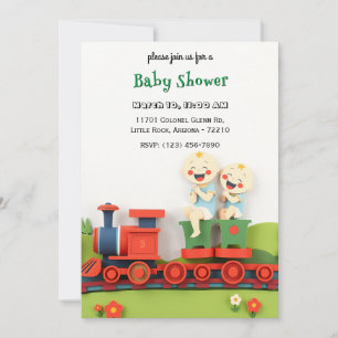 Zwei Niedliche Happy Kids auf Train Baby Shower Ca Einladung
