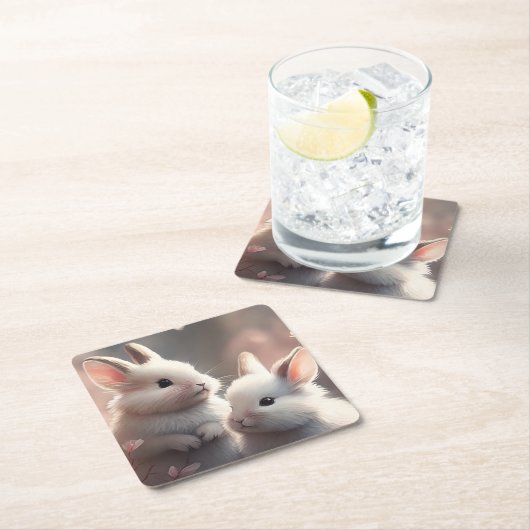 Zwei niedliche Kaninchen mit Sakura-Quadrat Papier Rechteckiger Pappuntersetzer (Vor Ort)