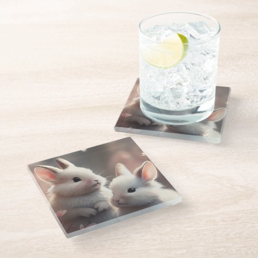 Zwei niedliche Kaninchen mit Untersetzer aus Sakur (Schrägansicht)