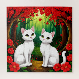 Zwei niedliche Katzen sitzen in einem lebendigen W Puzzle