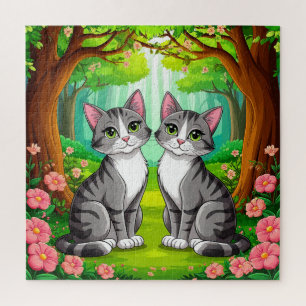 Zwei niedliche Katzen sitzen in einem lebendigen W Puzzle