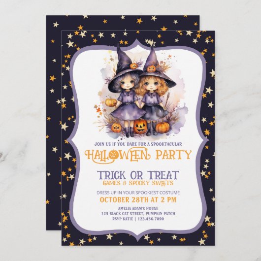 Zwei Niedliche Lila Aquarellhexen Einladung (Vorne/Hinten)
