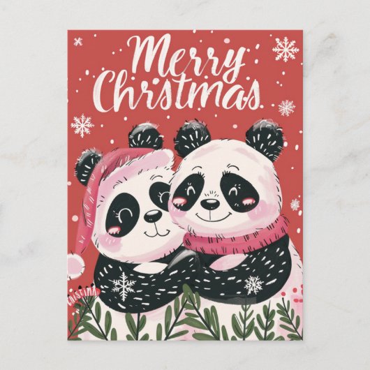 Zwei niedliche Panda frohe Weihnachten Postkarte (Vorderseite)