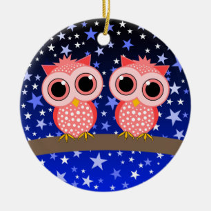 zwei niedliche rosa Eulen Keramik Ornament