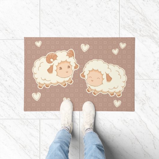 Zwei Niedliche Schafsschaum-Ewe auf Brown Fußmatte (Indoor)