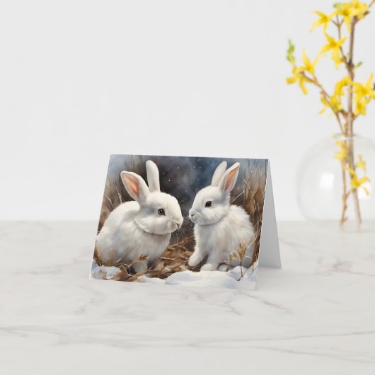 Zwei Niedliche weiße Kaninchen im Schneefall Karte (Gelbe Blume)