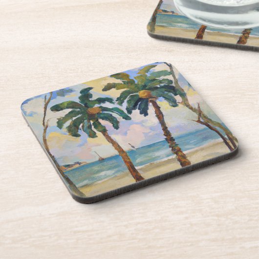 Zwei Ölgemälde mit tropischen Palmen Getränkeuntersetzer (Linke Seite)