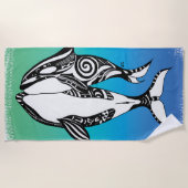Zwei Orca Killer Whales Stamm Doodle Aquamarin Blu Strandtuch (Vorderseite)
