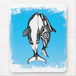 Zwei Orca Whales Tribal Blue Brushed Mousepad