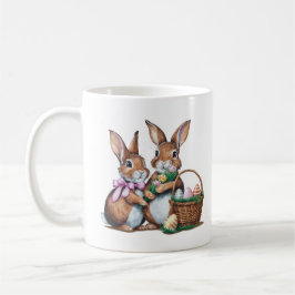 Zwei Ostersonnenkaninchen mit Korb und Eiern Kaffeetasse