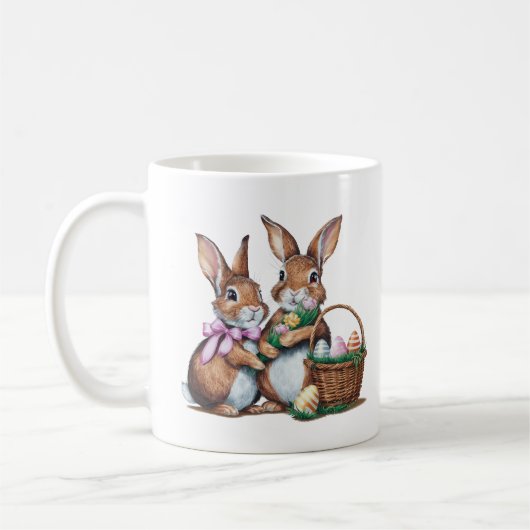 Zwei Ostersonnenkaninchen mit Korb und Eiern Kaffeetasse (Links)