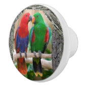 Zwei Papageien auf einem Keramiktürgriff und Keramikknauf (Rechts)