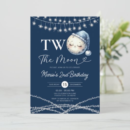 Zwei Party-Lichter am Mond Einladung (Stehend Vorderseite)