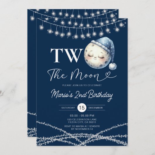 Zwei Party-Lichter am Mond Einladung (Vorne/Hinten)