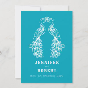 Zwei Pfau Vogel aquamarine weiße Hochzeit Einladun Einladung