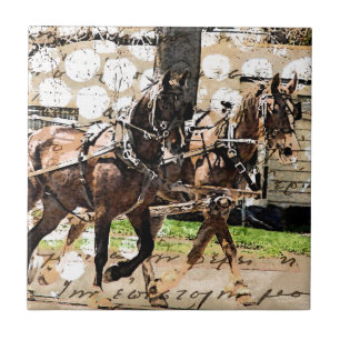 Zwei Pferd Team Mixed Media Collage Fliese