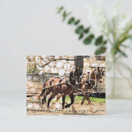 Zwei Pferd Team Mixed Media Collage Postkarte (Stehend Vorderseite)