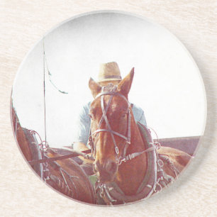 Zwei Pferde-Amish-Gespann Faux-Vintage Getränkeuntersetzer