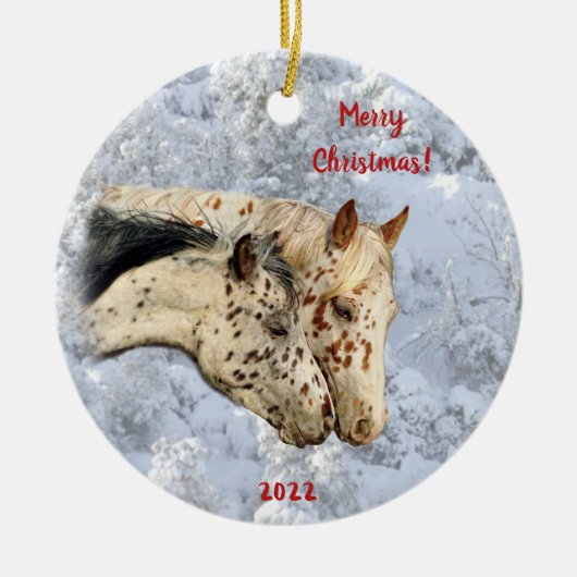 Zwei Pferde im Schnee Keramik Ornament (Vorne)