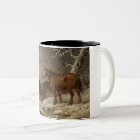 Zwei Pferde im Schnee (Winterlandschaft) Zweifarbige Tasse (VorderseiteRechts)
