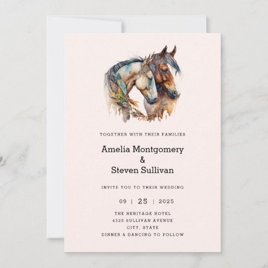 Zwei Pferde mit Feather Dekorationen Boho Hochzeit Einladung (Vorderseite)