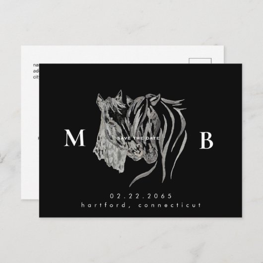 Zwei Pferde Monogram Black Wedding Save the Date Postkarte (Vorne/Hinten)