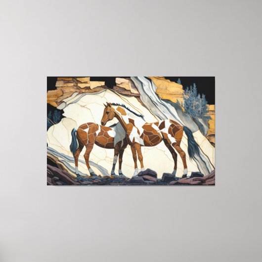 Zwei Pferde nehmen eine Erholung auf den Felsen. L Leinwanddruck (Vorderseite)